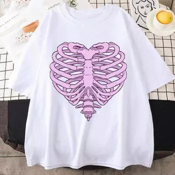 Женская футболка в стиле панк Love Skeleton, летние футболки с короткими рукавами Harajuku Y2K, топ большого размера, уличная одежда, винтажная рубашка, одежда S белый