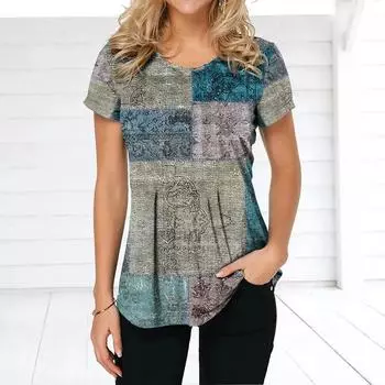 Женская футболка в стиле ретро, футболки с клетчатым принтом, лоскутная одежда, блузка с круглым вырезом и короткими рукавами, женские топы большого размера, женская рубашка в стиле Харадзюку L