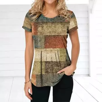 Женская футболка в стиле ретро, футболки с клетчатым принтом, лоскутная одежда, блузка с круглым вырезом и короткими рукавами, женские топы большого размера, женская рубашка в стиле Харадзюку S