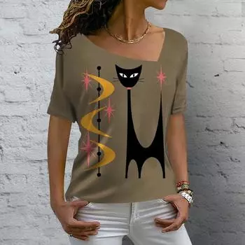 Женская футболка в стиле ретро, одежда с рисунком кота в стиле аниме для девочек, летние футболки с v-образным вырезом и короткими рукавами, женская уличная одежда в стиле Харадзюку, блузка оверсайз 2XL