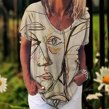 Женская футболка в стиле ретро, одежда в стиле Харадзюку, топы с рисунком лица, футболки с v-образным вырезом, большой пуловер, блузка с короткими рукавами, свободный свитшот S