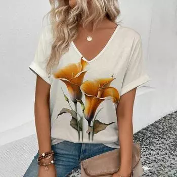 Женская футболка в стиле ретро с цветочным принтом, женская одежда в стиле Харадзюку, свободная блузка, летние футболки с коротким рукавом и V-образным вырезом S