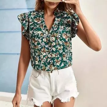 Женская футболка в стиле ретро с цветочным принтом, летняя повседневная женская одежда, блузка с короткими рукавами и v-образным вырезом, одежда в стиле Харадзюку, женская новая уличная одежда S зелёный