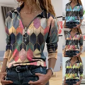 Женская футболка в стиле ретро с длинным рукавом на молнии с V-образным вырезом и геометрическим шестиугольником XL фиолетовый