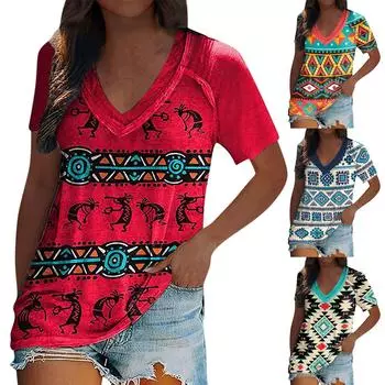 Женская футболка в стиле ретро с геометрическим принтом и v-образным вырезом и короткими рукавами, топ, блузки XL красный