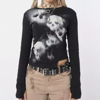 Женская футболка в стиле ретро Y2K с открытым пупком и абстрактным принтом в стиле Харадзюку с длинными рукавами, готический персонализированный нерегулярный топ S чёрный