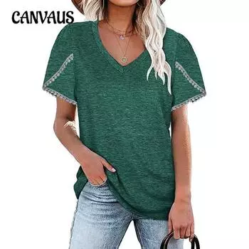 Женская футболка весна-лето, новая однотонная, с V-образным вырезом, кружевом и рукавами-лепестками S чёрный