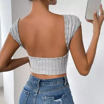 Женская футболка весна-лето однотонного эластичного трикотажа с круглым вырезом, рукава три четверти, узкий топ с открытой спиной, размер S-XL S серый