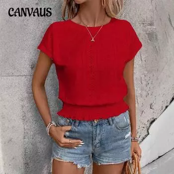 Женская футболка весна-лето с круглым вырезом и короткими рукавами из жаккарда, милые повседневные топы S красный