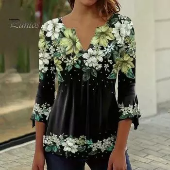 Женская футболка весна-лето с v-образным вырезом, пуловер с рукавами 3/4, топы с цветочным принтом, легкие дышащие повседневные топы, уличная одежда S красный