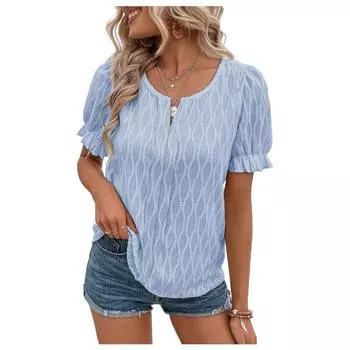 Женская футболка весна-лето с V-образным вырезом и рукавами-фонариками из жаккарда для отдыха, свободная, с короткими рукавами S небесно-голубой