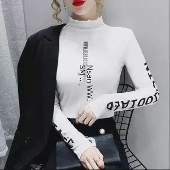 Женская футболка весна/осень 2023 года, черная, с принтом, длинными рукавами и воротником средней высоты 2XL белый