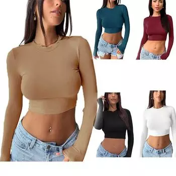 Женская футболка весна-осень Hot Girl однотонная с круглым вырезом и открытым пупком с длинным рукавом женская одежда S