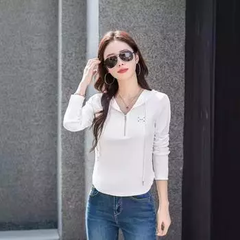 Женская футболка весна-осень, модная и универсальная корейская облегающая толстовка с капюшоном, хлопковая куртка на молнии S