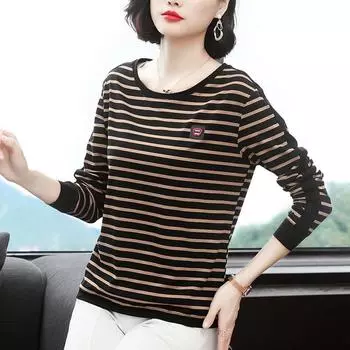 Женская футболка весна-осень, новая полосатая рубашка с длинным рукавом, свободный топ, модная одежда с круглым вырезом M белый