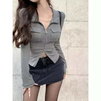 Женская футболка весна осень одежда ребристые трикотажные длинные рукава короткие топы с застежкой-молнией сексуальные женские тонкие топы S серый