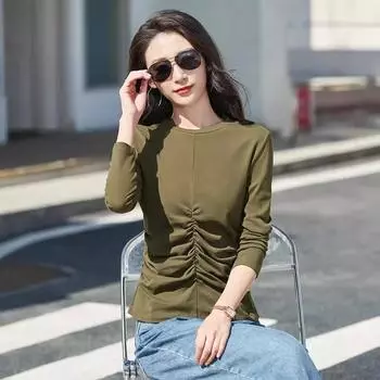 Женская футболка весна-осень, плиссированная футболка с длинными рукавами и круглым вырезом, облегающий топ из высококачественного хлопка для поездок на работу и отдыха S