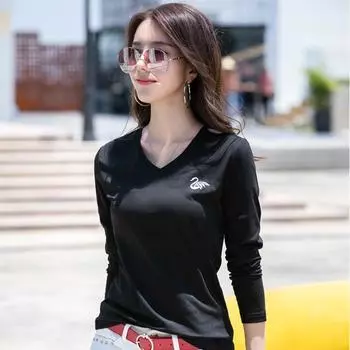 Женская футболка весна-осень с длинным рукавом из хлопка с вышитым лебедем, женская хлопковая рубашка, модный универсальный удобный топ M