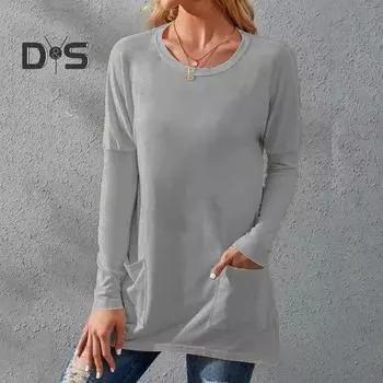 Женская футболка весна-осень с круглым вырезом, свободная, с длинным рукавом, однотонная, с карманом, средней длины, мягкая, дышащая, женская футболка XL чёрный