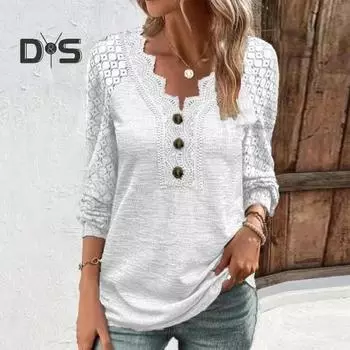 Женская футболка весна-осень с V-образным вырезом, кружевом, длинным рукавом, декором из пуговиц, ажурная, однотонная, средней длины, мягкая, дышащая, женская футболка 2XL белый