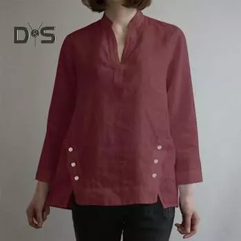 Женская футболка весна-осень с воротником-стойкой, V-образным вырезом, длинными рукавами, неровным разрезом по низу, однотонная, с винтажным декором на пуговицах, мягкая повседневная женская футболка L темно-синий