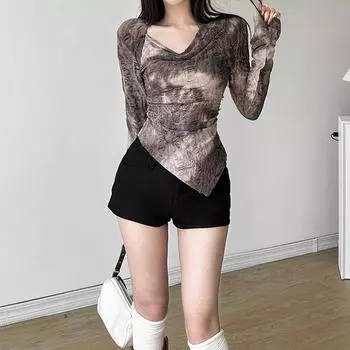 Женская футболка весна-осень в стиле «пустошь» с воротником-стойкой и длинными рукавами, нерегулярная плиссировка, тонкий повседневный топ для пригородных поездок S коричневый