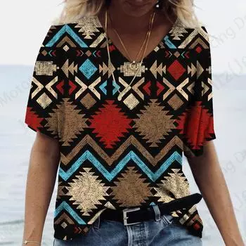 Женская футболка, винтажная футболка с 3d принтом, женская модная повседневная футболка с v-образным вырезом и короткими рукавами, футболки, этническая футболка с геометрическим рисунком, Camisetas 4XL