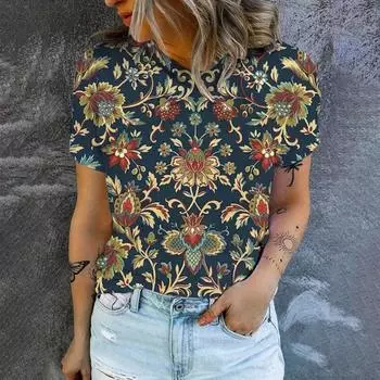 Женская футболка высокого качества, футболка с цветочным принтом в стиле ретро, модная футболка с принтом, элегантная женская футболка с короткими рукавами S
