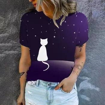 Женская футболка высокого качества с рисунком кота и принтом, модная футболка с принтом, элегантная женская футболка с короткими рукавами S