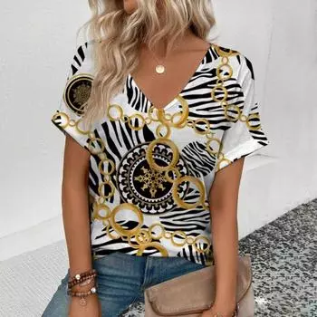 Женская футболка высокого качества с v-образным вырезом в стиле ретро, футболка с золотым ожерельем и узором, модная футболка с принтом, женская футболка с короткими рукавами S