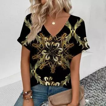 Женская футболка высокого качества с v-образным вырезом в стиле ретро, футболка с золотым ожерельем и узором, модная футболка с принтом, женская футболка с короткими рукавами S