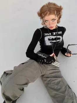 Женская футболка Y2k, черный укороченный топ в рубчик, тонкие футболки с длинными рукавами, корейская мода, готическая уличная одежда с графикой, винтажная одежда L чёрный