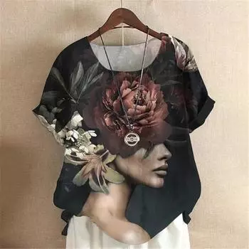Женская футболка Y2k для девочек, праздничная одежда, модная футболка с цветочным принтом и человеческим лицом, топы, летняя короткая футболка в стиле Харадзюку, свободные рубашки 7XL