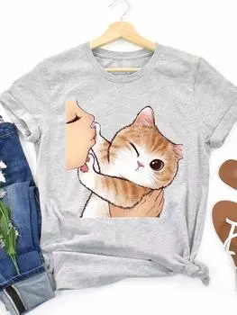 Женская футболка женская мода женская повседневная одежда милый стиль кота милый трендовый принт короткий рукав графическая футболка футболки S