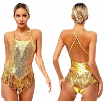 Женская гимнастическая танцевальная одежда для черлидинга с блестками, кисточками и бахромой, камзол, трико, боди, костюм для бальных танцев, латинского джаза S золотой