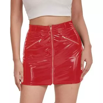 Женская глянцевая ПВХ кожаная юбка с поясом на бедрах, блестящая кожаная эротическая мини-юбка с застежкой-молнией спереди, сексуальная минималистичная юбка Y2K S красный