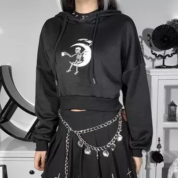 Женская готическая черная толстовка с капюшоном и принтом черепа, длинные рукава, укороченные топы, толстовки S чёрный