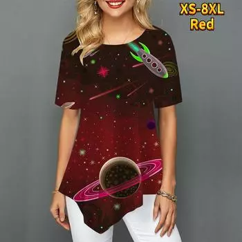 Женская характерная юбка с острым носком, распашная футболка с короткими рукавами, раскрашенная космическая планета, космический корабль с принтом вокруг шеи для молодых 2XL