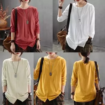 Женская хлопковая блузка, футболка, однотонная, с длинным рукавом, круглым вырезом, разрезом по низу, повседневная свободная футболка в стиле бохо XL жёлтый