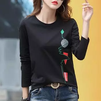 Женская хлопковая блузка в Корейском стиле, женская одежда, весенние топы, осенняя футболка, футболка с длинными рукавами, Femme Blusas L чёрный