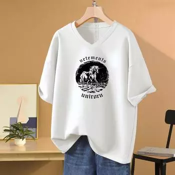 Женская хлопковая футболка больших размеров, летние топы с короткими рукавами и мультяшным принтом для пар, футболки большого размера с v-образным вырезом L белый