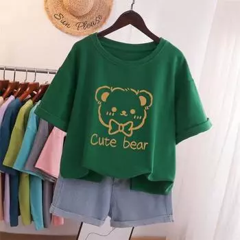 Женская хлопковая футболка больших размеров с принтом медведя из мультфильма, короткие рукава, парные топы, летние повседневные футболки большого размера с круглым вырезом L белый