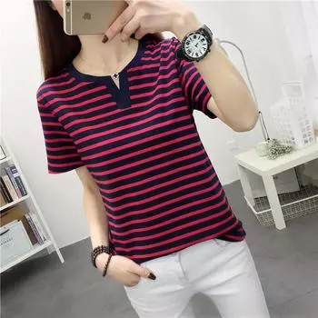 Женская хлопковая футболка больших размеров в полоску с V-образным вырезом, короткий рукав, свободный крой 2XL