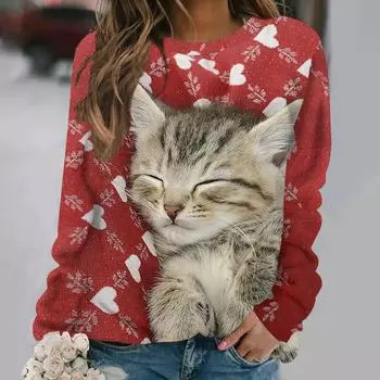 Женская хлопковая футболка Kawaii с рождественским котенком, осенние топы с длинными рукавами и круглым вырезом, одежда в стиле Харадзюку для женской повседневной блузки S