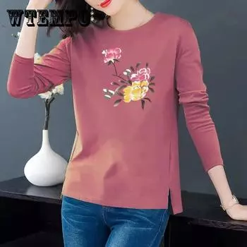 Женская хлопковая футболка, повседневный топ с разрезом, пуловер с принтом пиона, весенняя рубашка с длинными рукавами XXL красный