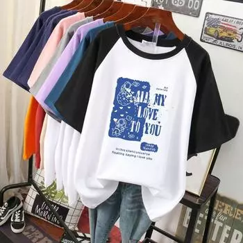 Женская хлопковая футболка размера L-3XL, футболка с принтом больших размеров, лоскутный женский топ с короткими рукавами, летние футболки оверсайз с круглым вырезом для пары L чёрный