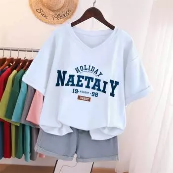 Женская хлопковая футболка размера L-5XL, футболка больших размеров с коротким рукавом, женский топ с буквенным принтом, летние милые футболки большого размера с v-образным вырезом XL белый