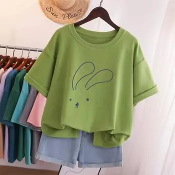 Женская хлопковая футболка размера L-5XL, футболка больших размеров, женский топ с коротким рукавом, летний топ с мультяшным принтом, пара, большие футболки с круглым вырезом L белый