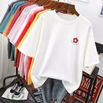 Женская хлопковая футболка размера L-5XL, футболка больших размеров, женский топ с коротким рукавом, летний топ с мультяшным принтом, пара, большие футболки с круглым вырезом L белый