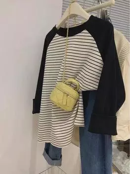 Женская хлопковая футболка с длинными рукавами реглан большого размера в полоску - свободный крой для весны и осени L (110-130 Jin) кофейный/тёмно-синий